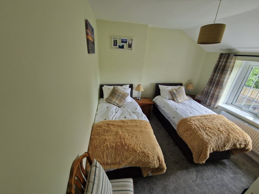 Two single beds with golden throws, bedside lamps and a window in a pale yellow bedroom.
