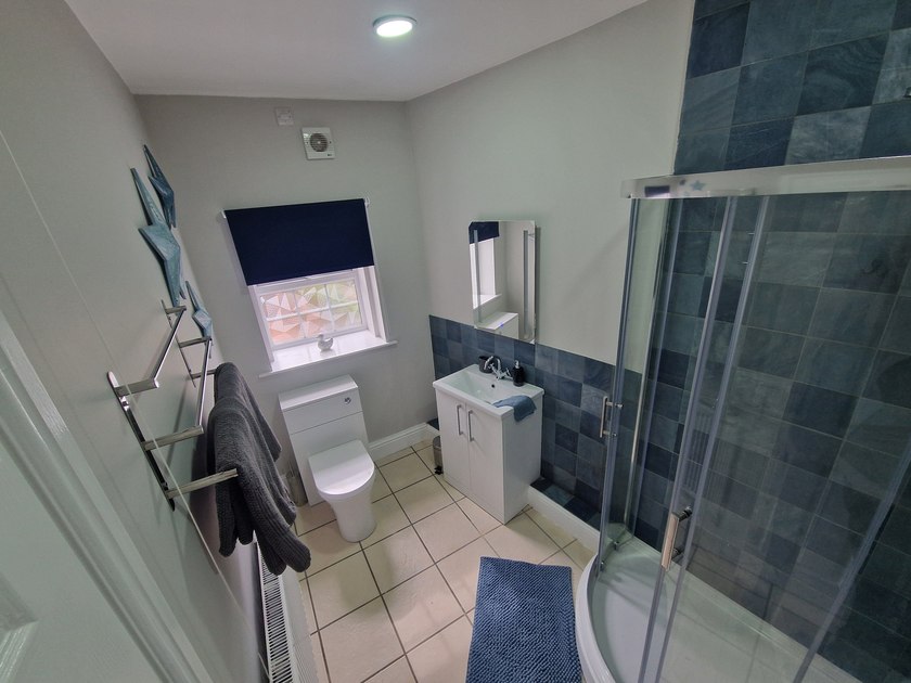 Shower room with a curved glass enclosure, basin, toilet and blue wall tiles.